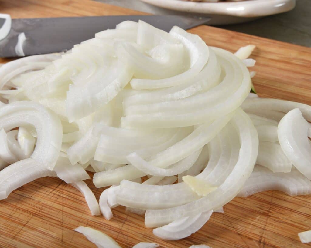sliced white onions for fajitas