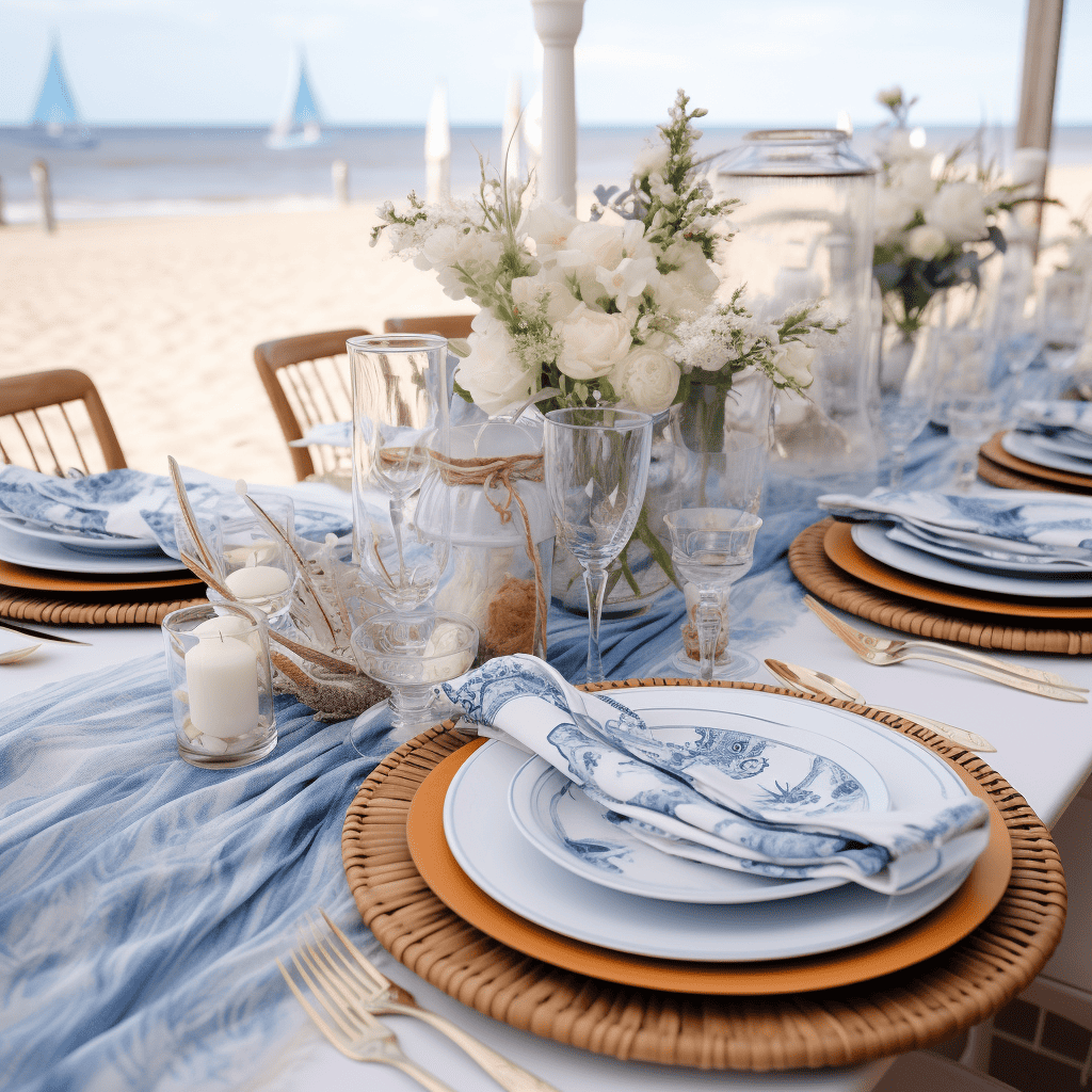 blue and white beach dinner table setting