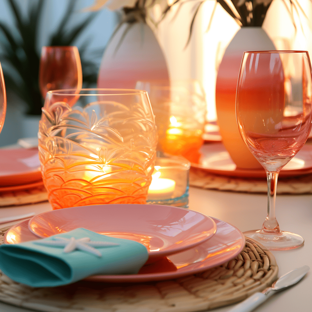 beachy sunset colored table setting