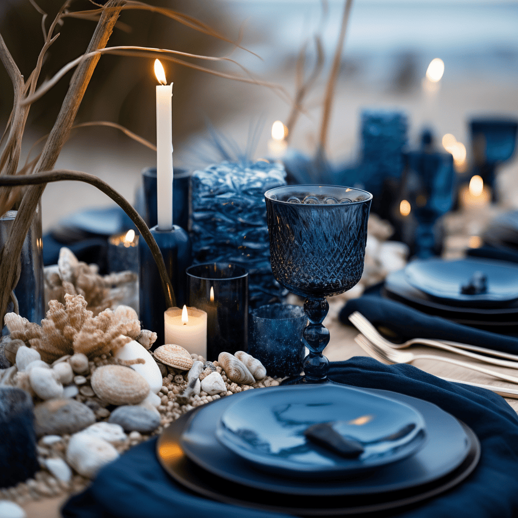 dark blue beach dinner table setting