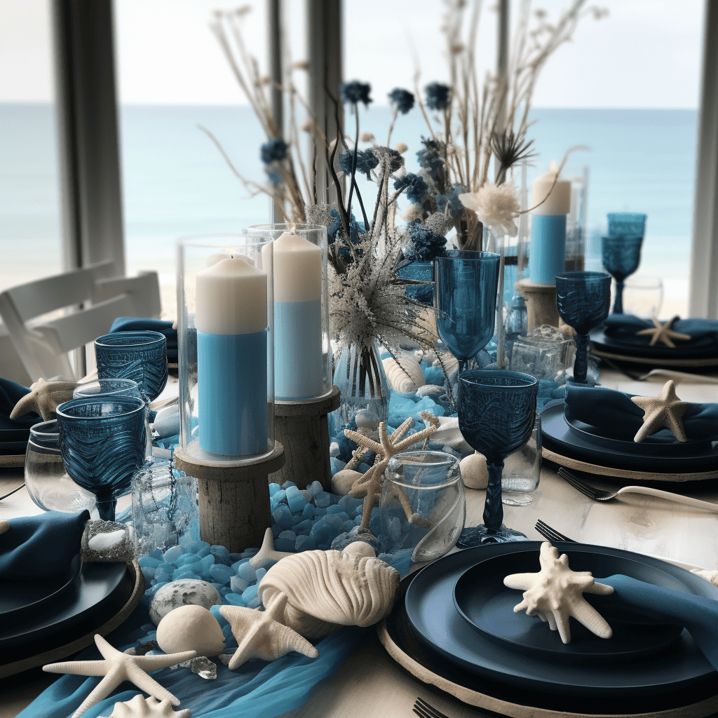 dark and light blue beach table setting for dinner party