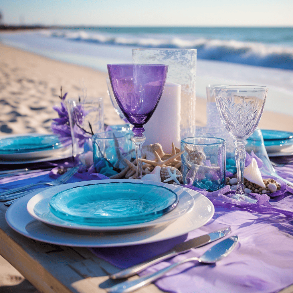 purple and teal beach table setting