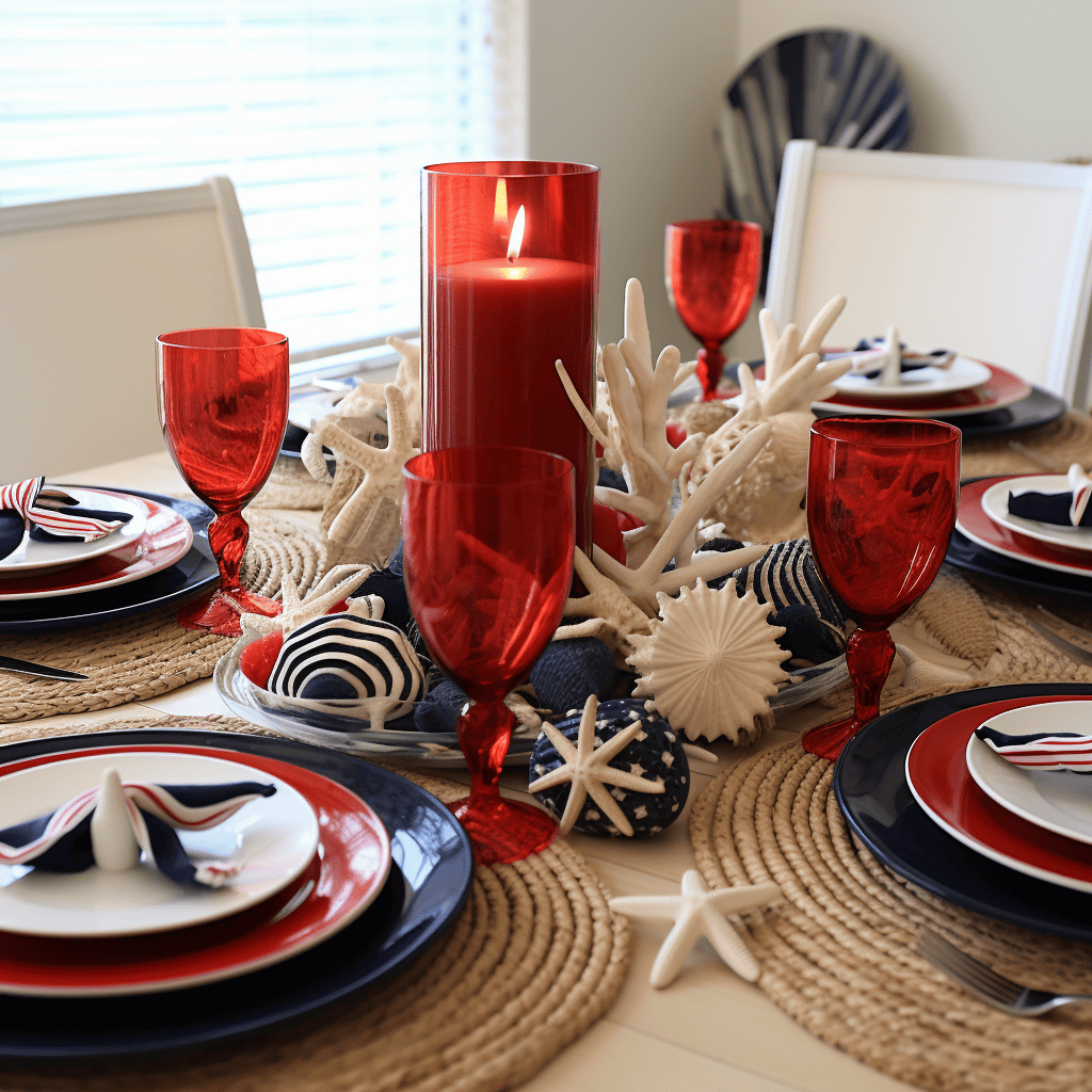 Nautical Themed beach table setting with red, blue, and white