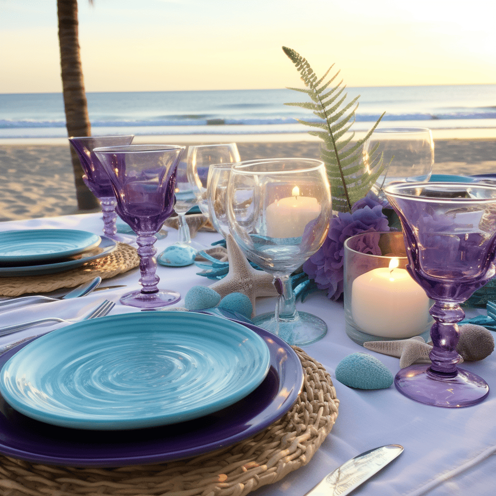 purples and teal beach dinner party setting