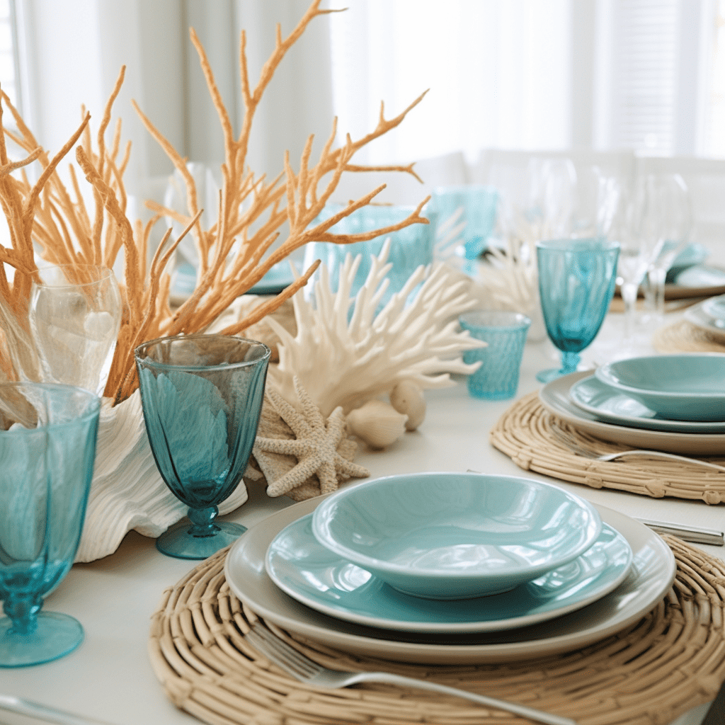 coral blue table setting with seashells