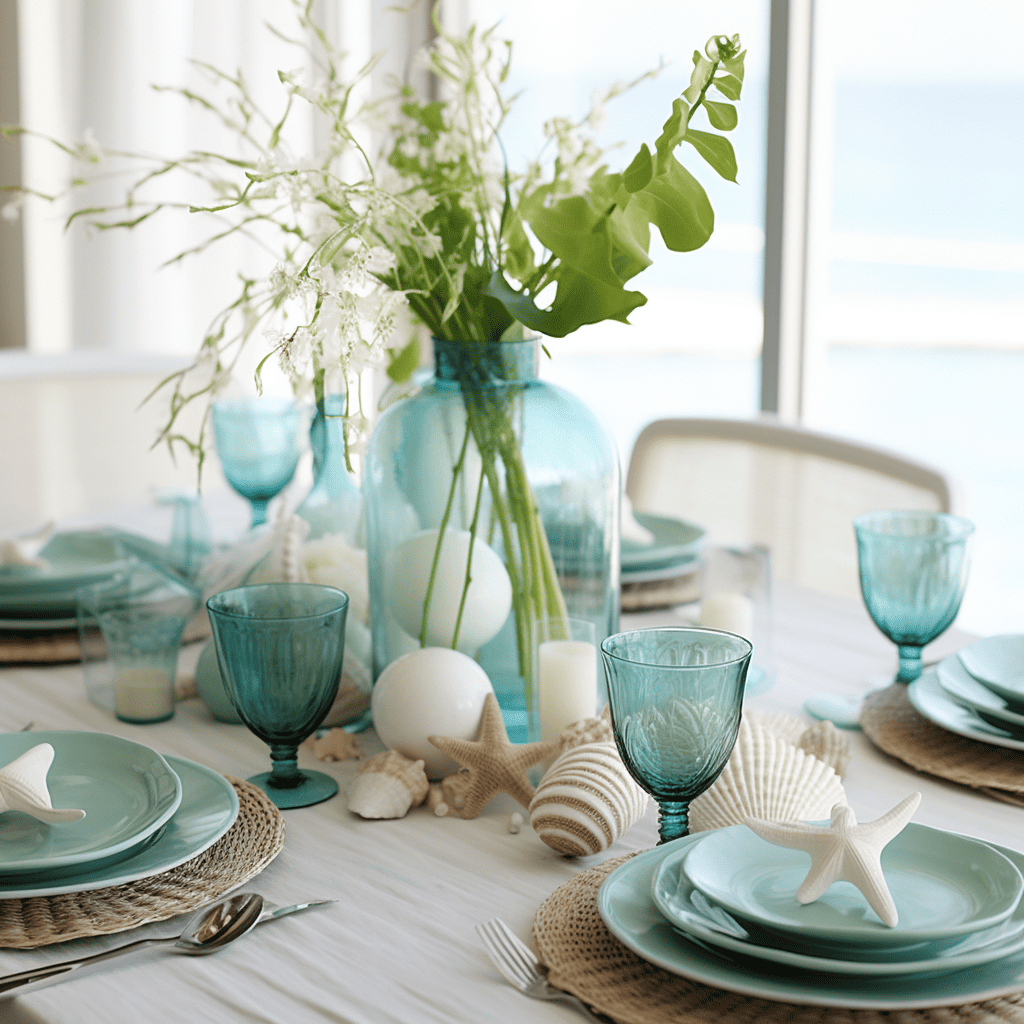 blue beach dinner table setting with white seashelles