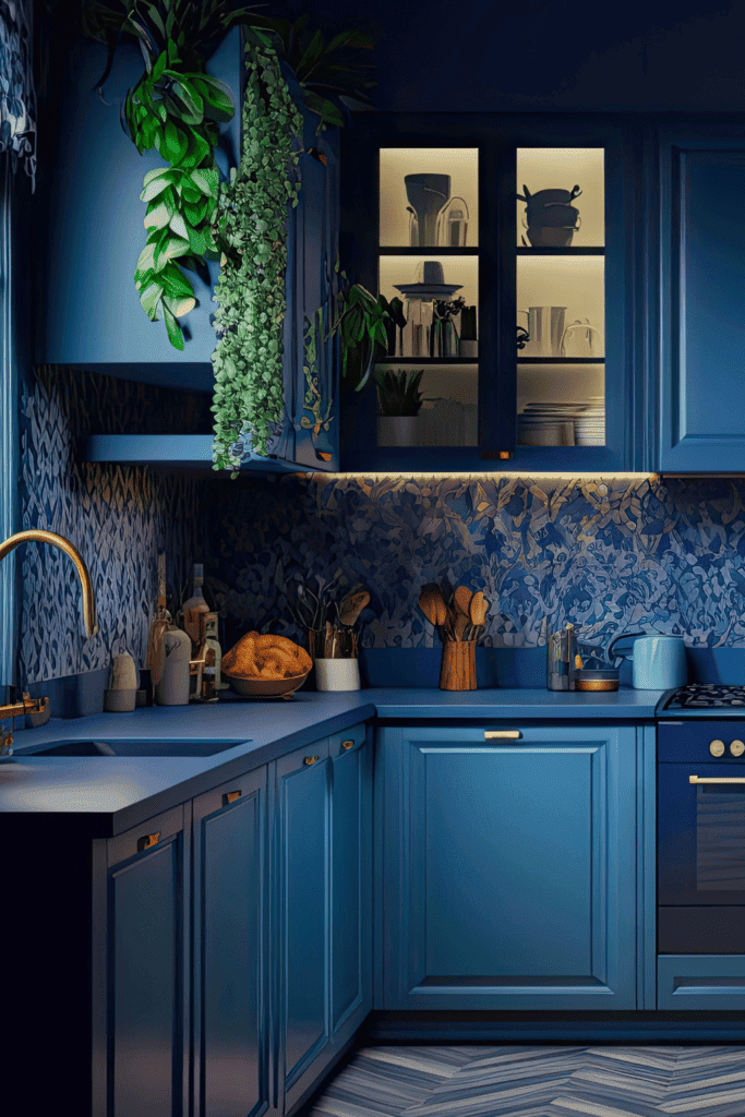 blue on blue kitchen with blue wallpaper