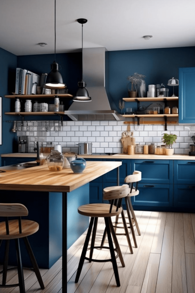 butcher block island with blue cabinets 