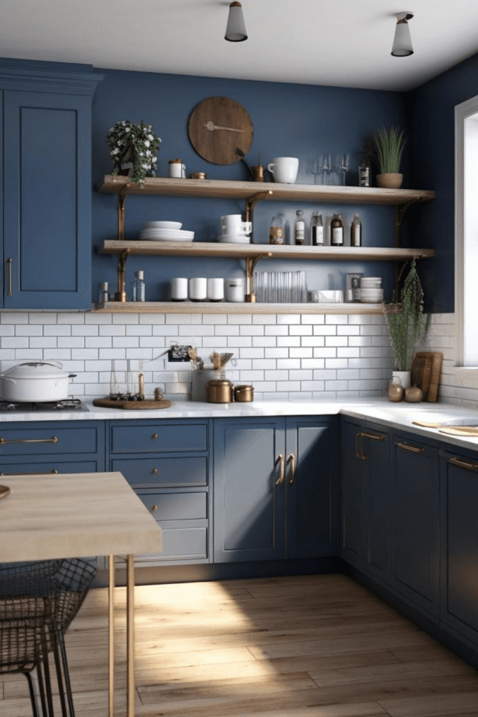 white subway tiles with blue cabinets 