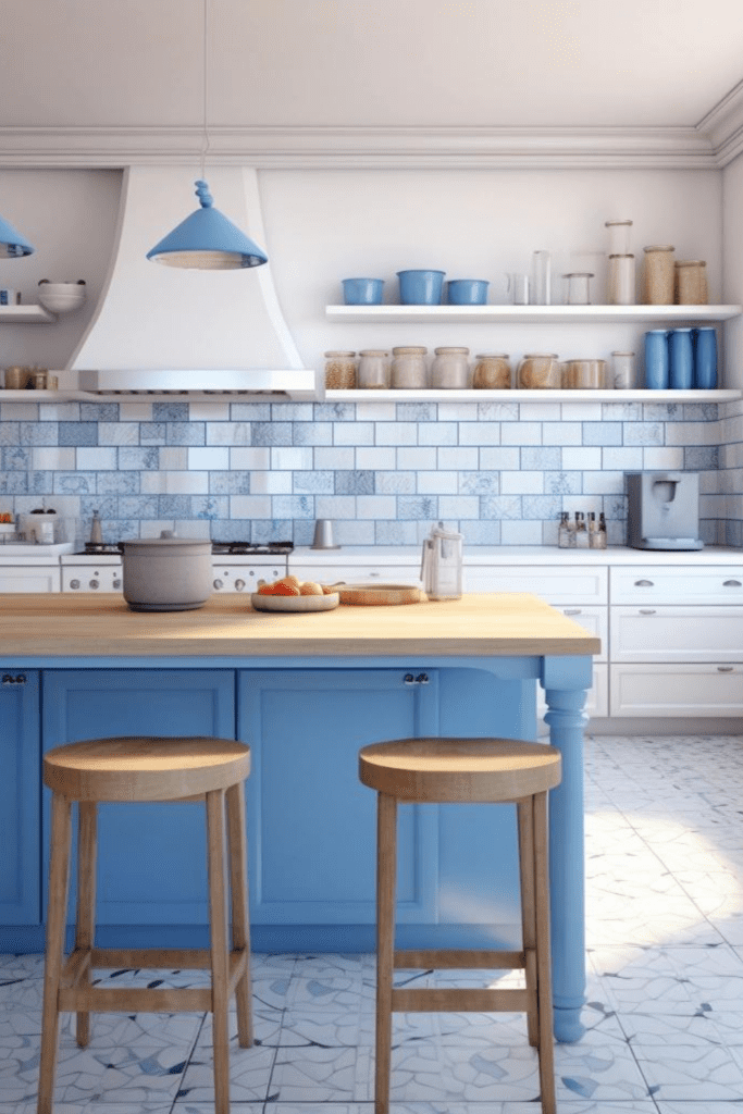 baby blue idea for kitchen, blue backsplash and island