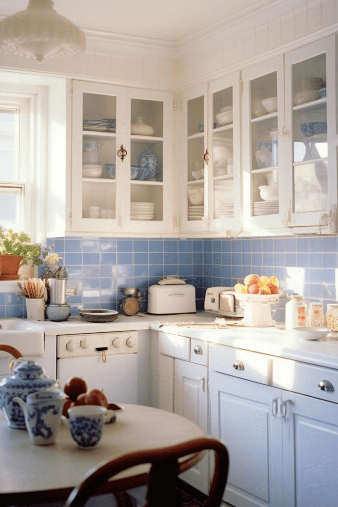 blue backsplash with white cabinets kitchen
