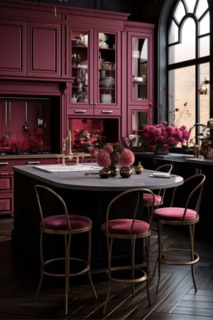 dark pink and black kitchen