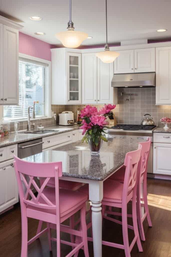 white kitchen with pink accents