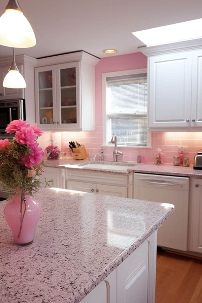 pink backsplash and granite kitchen