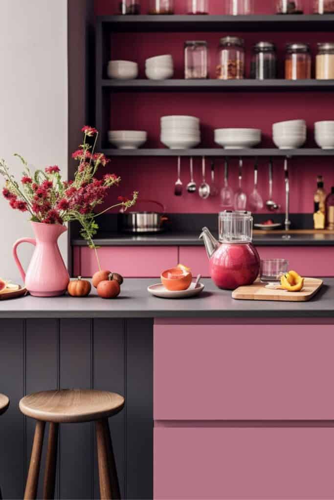 dark gray and dusty pink kitchen