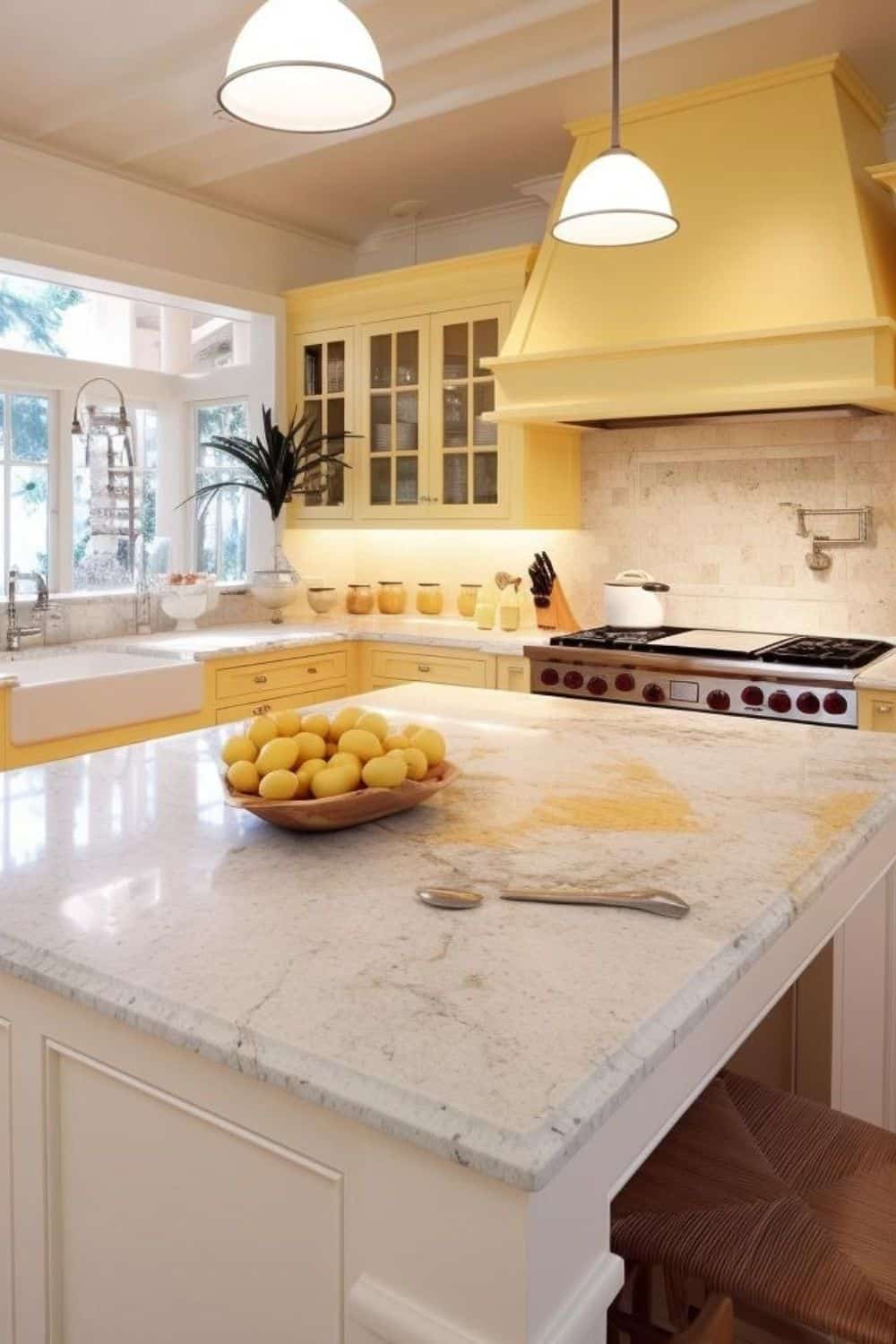 white kitchen island with yellow cabinets 