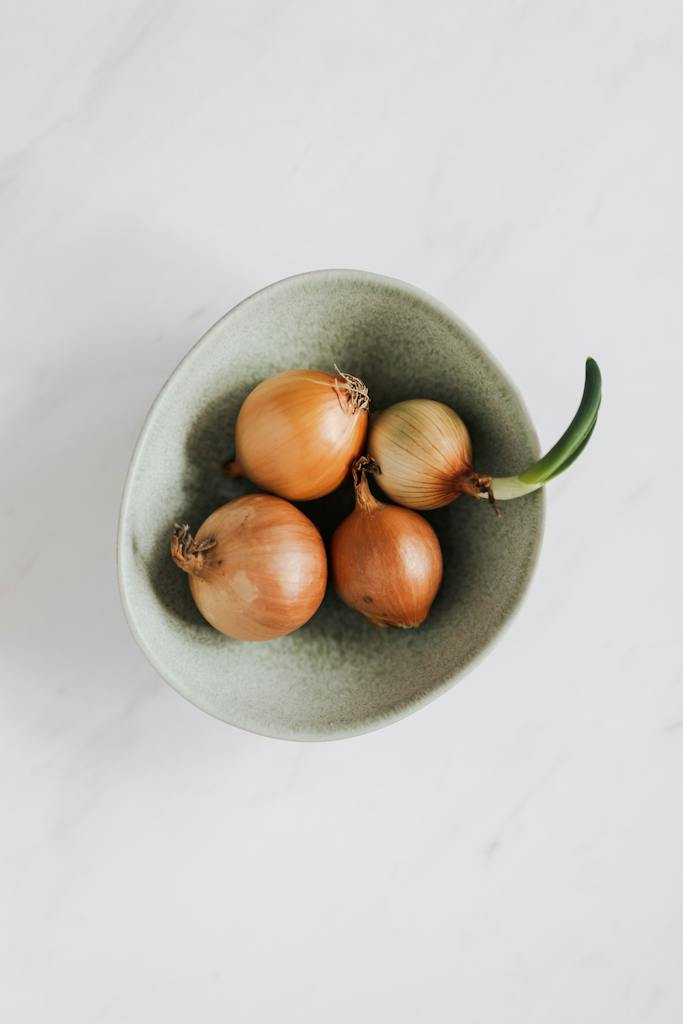 Bowl with fresh onions on marble table