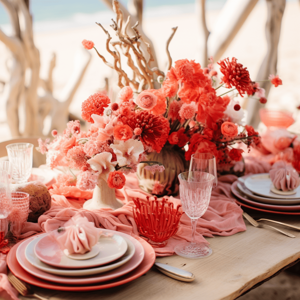 elegant floral beach table scape with driftwood and coral colors