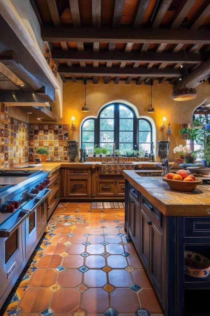 Spanish inspired kitchen  warm colors, ornate tile