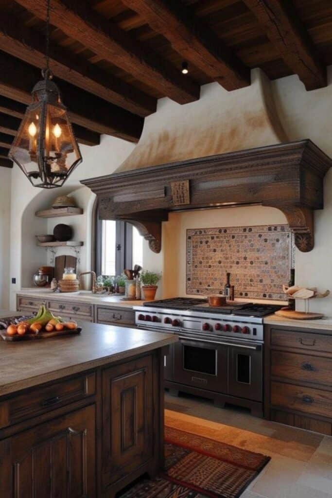 modern spanish inspired  kitchen with large range hood