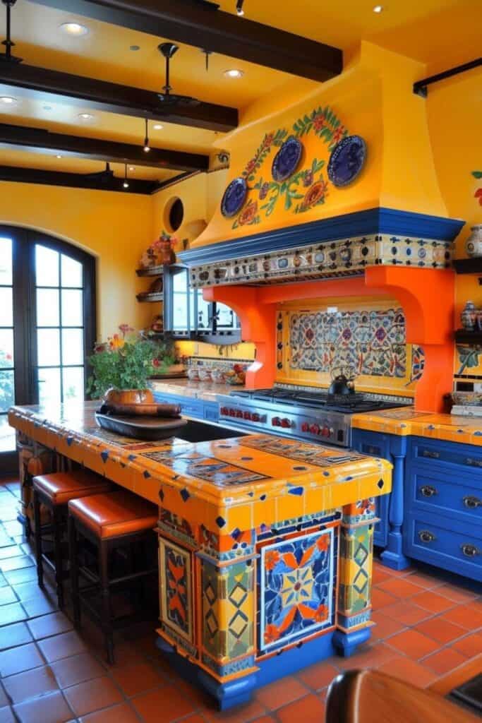 yellow and cobalt blue spanish inspired kitchen