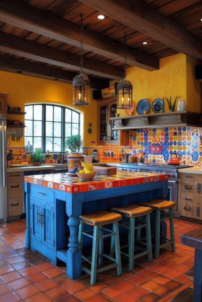 bold colored spanish kitchen yellow, red and blue