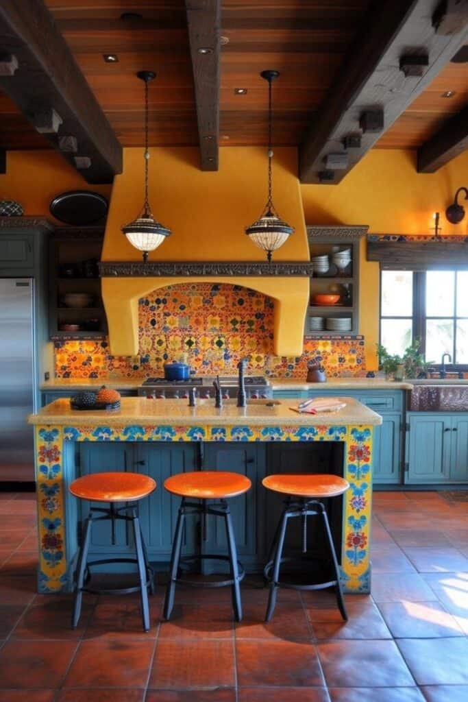 bright colorful spanish kitchen with yellow and blue