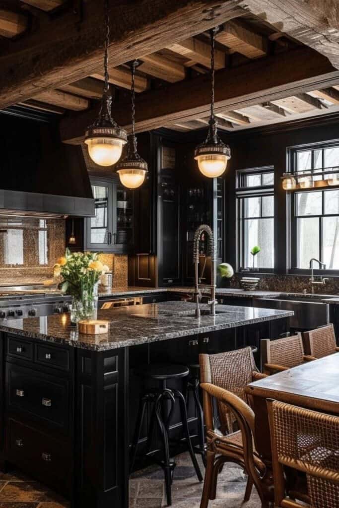 black moody farmhouse kitchen with granite 