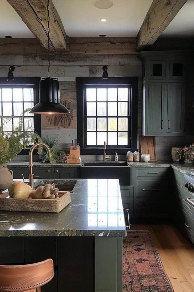 green gray moody farmhouse kitchen