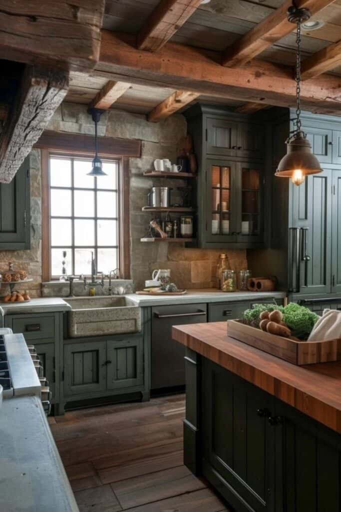 stone and wood moody farmhouse kitchen