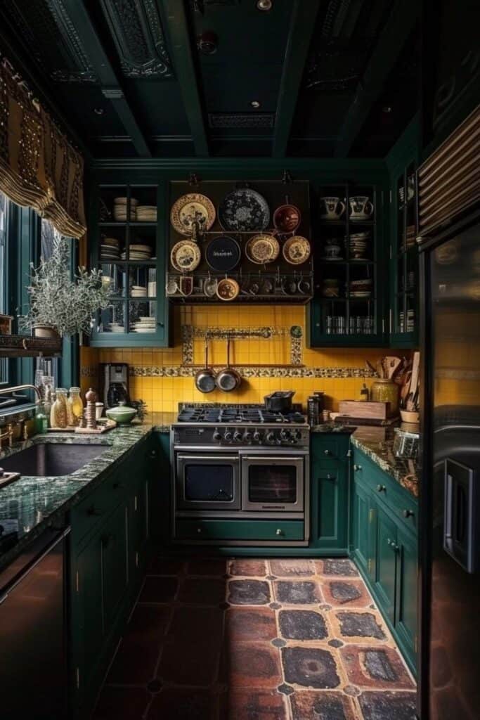 Green moody farmhouse kitchen