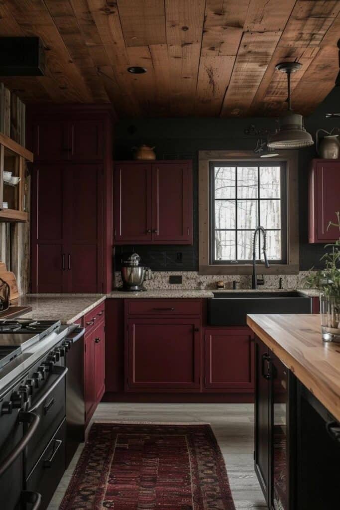 dark pink moody farmhouse kitchen