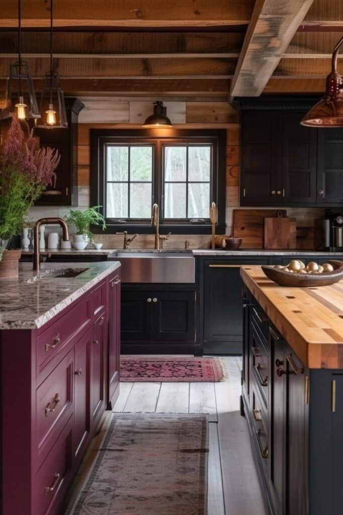 pink black wood moody farmhouse kitchen