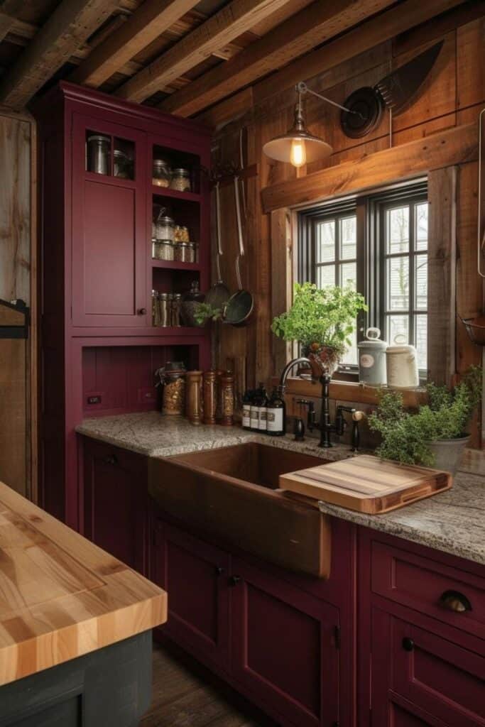 wood and pink moody farmhouse kitchen