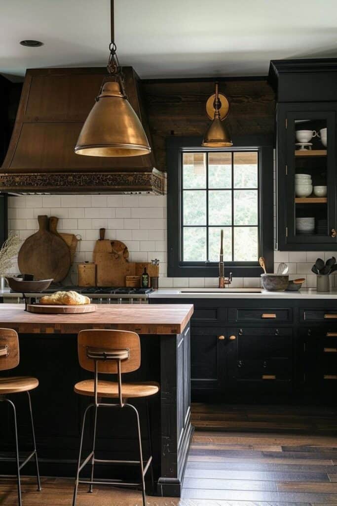 white backsplash black cabinets moody farmhouse kitchen