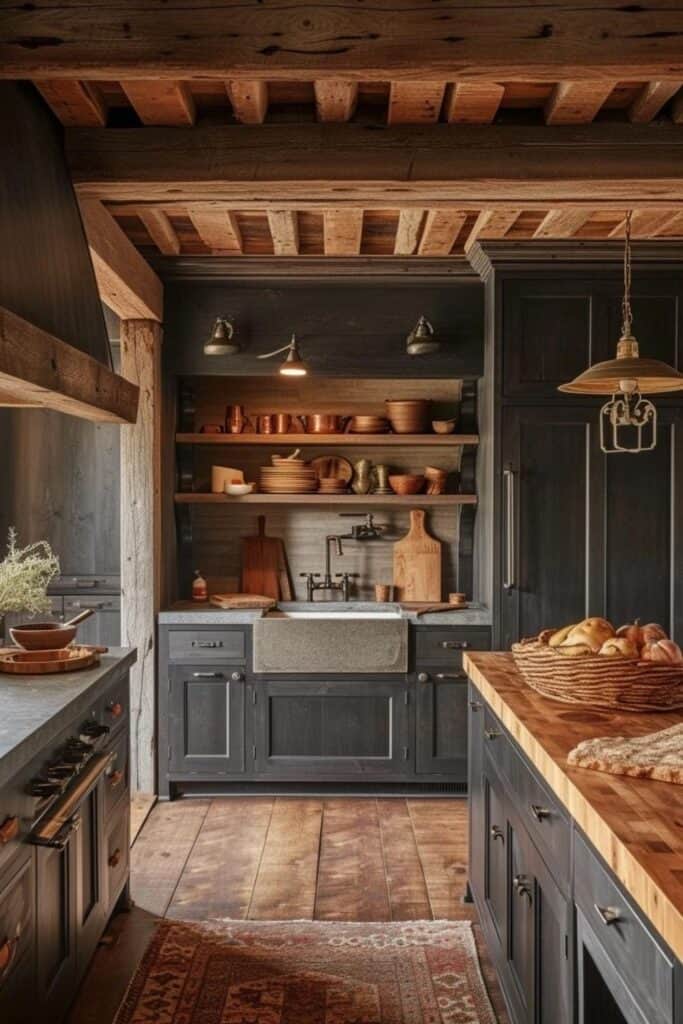 gray and wood beams moody farmhouse kitchen