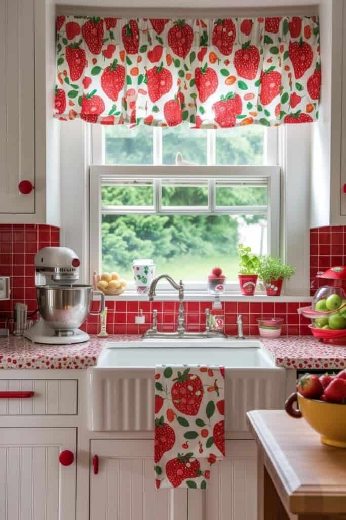 red backsplash strawberry kitchen